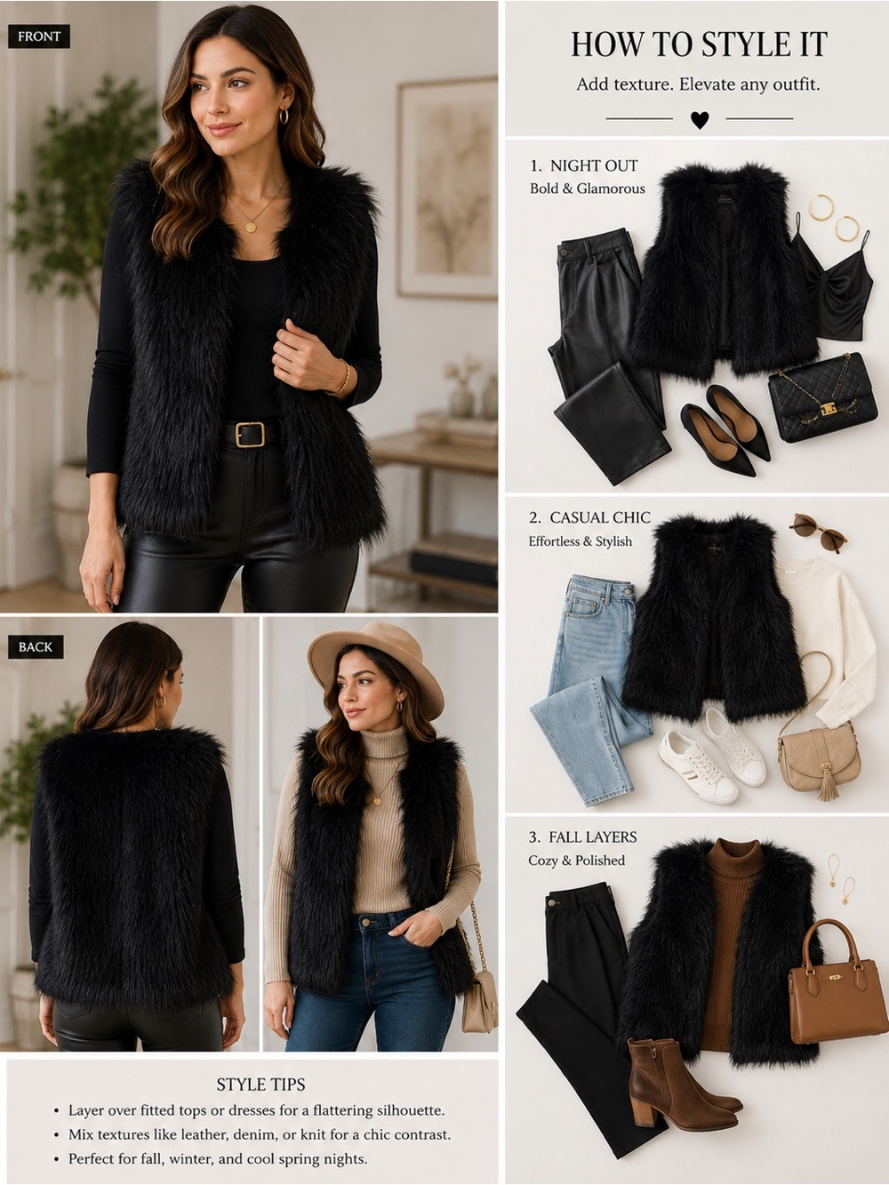 NWT Black Faux Fur Vest Open Front Sleeveless Layering Jacket Glam Luxe Chic